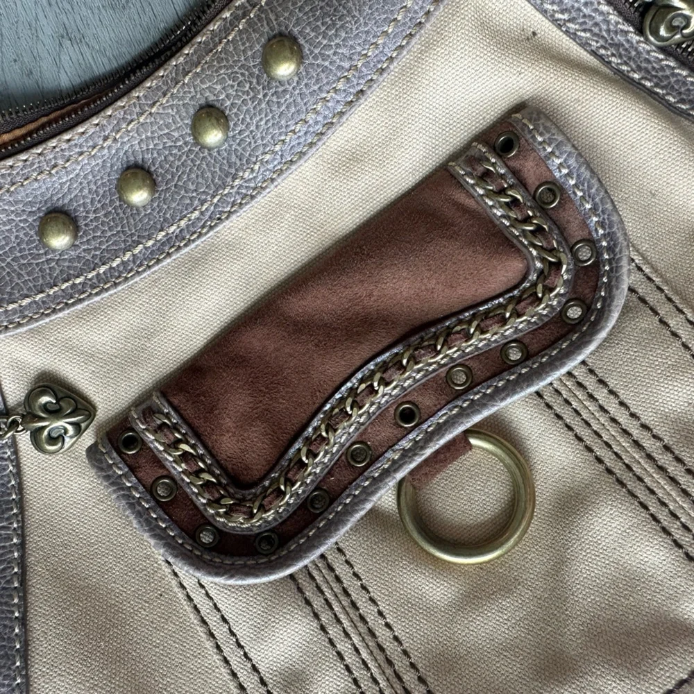 Kathy Van Zeeland brown and tan studded canvas + leather shoulder bag
